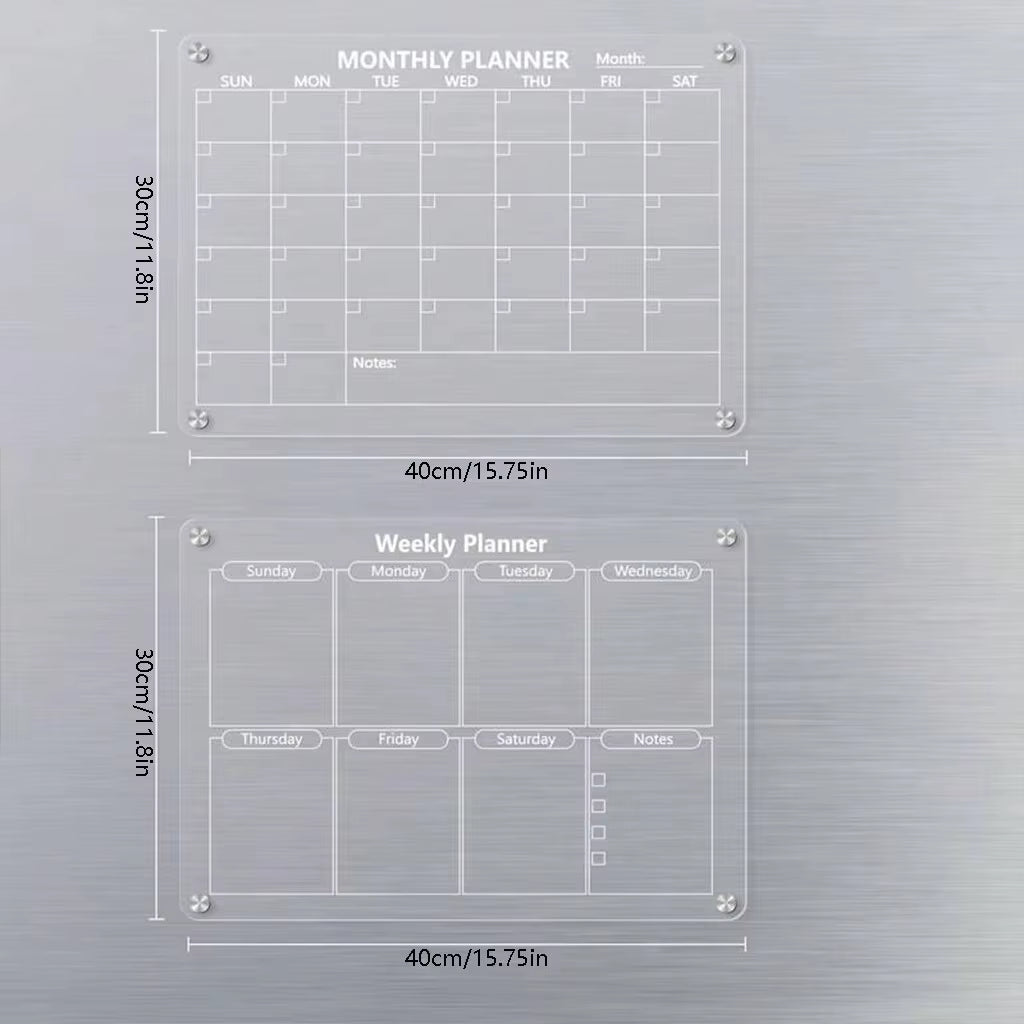Magnetic Acrylic Monthly Dry Erase Calendar for Refrigerator with Pen Holder and Markers, Clear Organic Glass