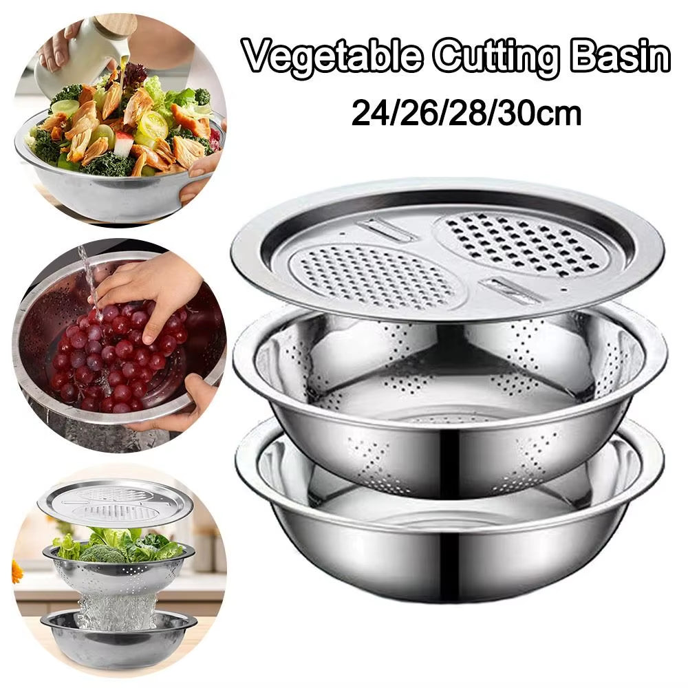 3-Piece Set 3-in-1 Multi-Functional Drain and Wash Basin with Strainer, Large Capacity Vegetable and Rice Washing Bowl with Grater Cover