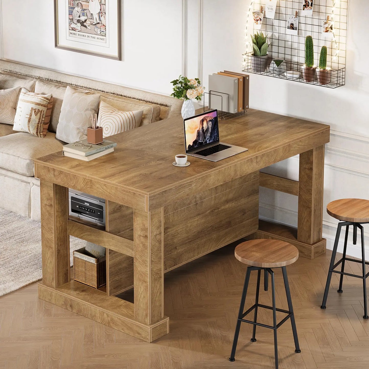 Transform Your Kitchen with the Tribesigns Light Brown Kitchen Island – Stylish 3-Shelf Design, 55 Inches Wide, Effortless Assembly!