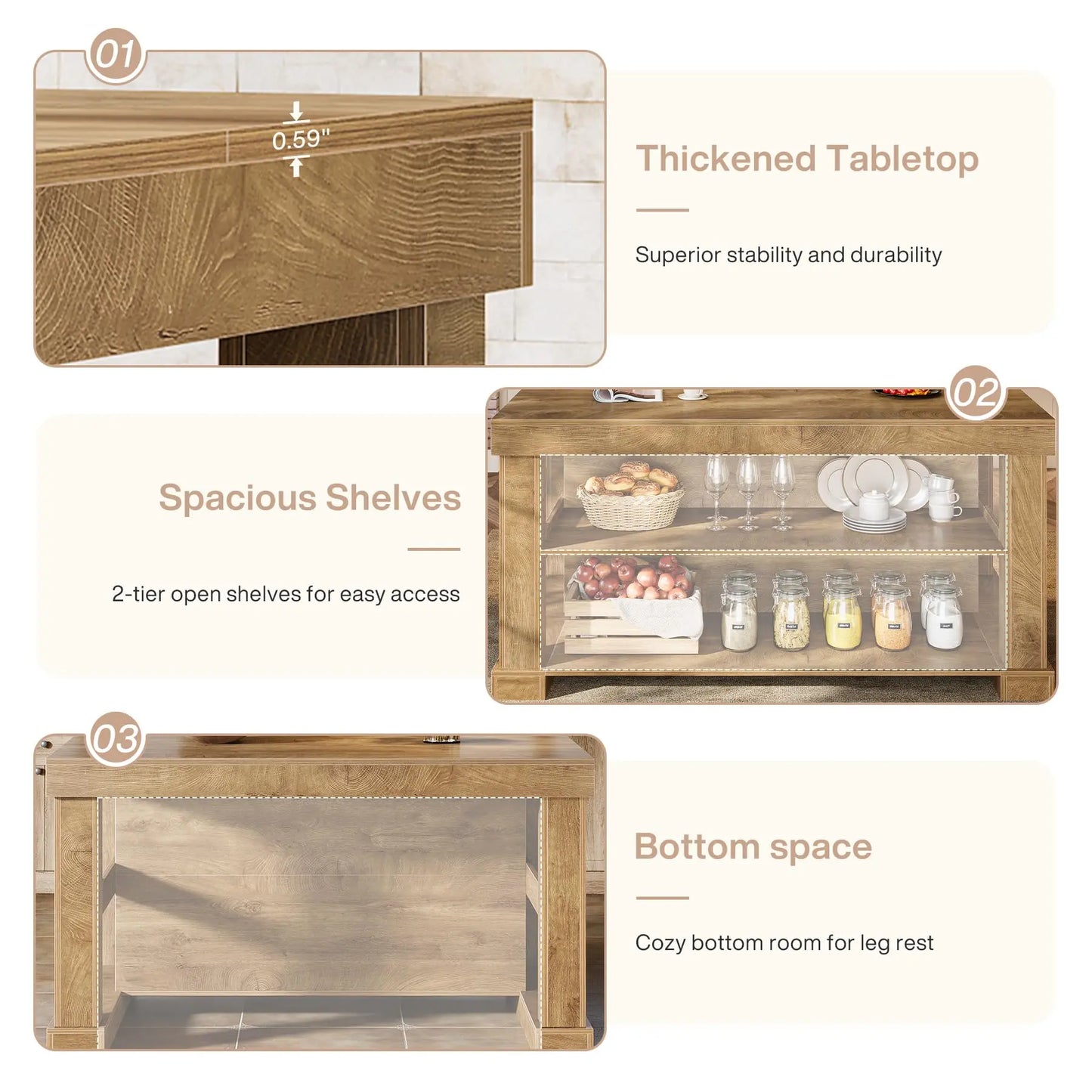 Transform Your Kitchen with the Tribesigns Light Brown Kitchen Island – Stylish 3-Shelf Design, 55 Inches Wide, Effortless Assembly!