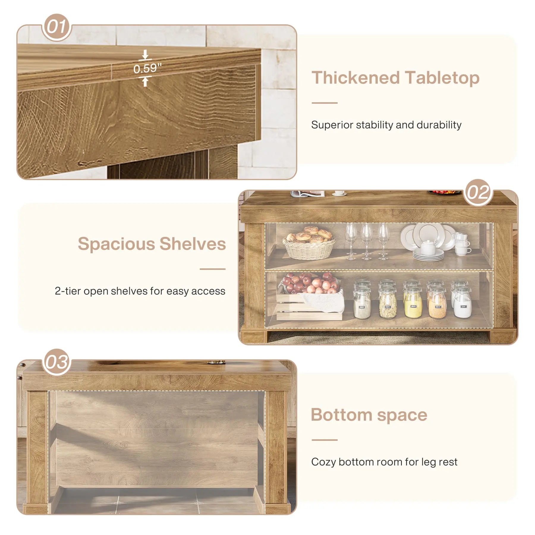 Transform Your Kitchen with the Tribesigns Light Brown Kitchen Island – Stylish 3-Shelf Design, 55 Inches Wide, Effortless Assembly!