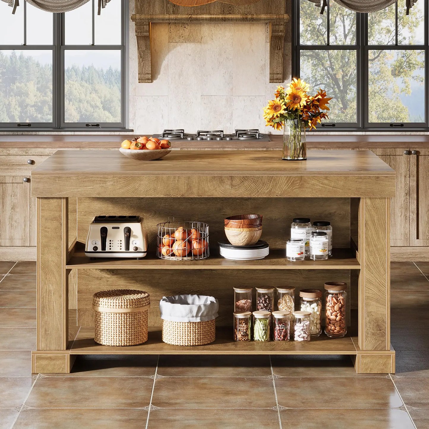 Transform Your Kitchen with the Tribesigns Light Brown Kitchen Island – Stylish 3-Shelf Design, 55 Inches Wide, Effortless Assembly!