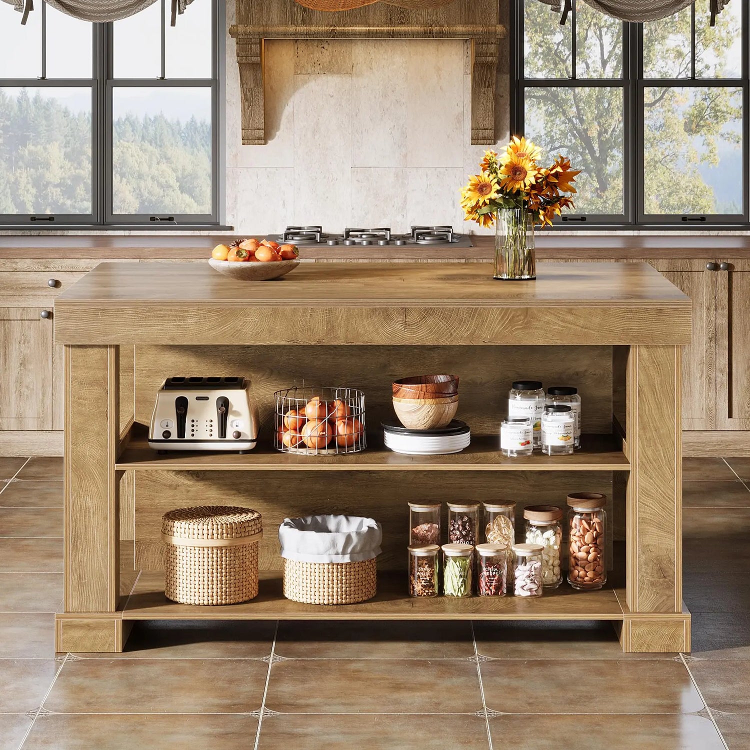 Transform Your Kitchen with the Tribesigns Light Brown Kitchen Island – Stylish 3-Shelf Design, 55 Inches Wide, Effortless Assembly!