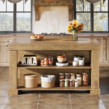 Transform Your Kitchen with the Tribesigns Light Brown Kitchen Island – Stylish 3-Shelf Design, 55 Inches Wide, Effortless Assembly!