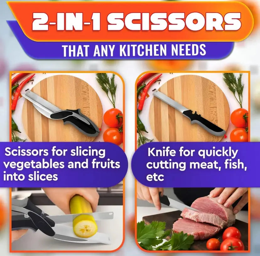 Versatile 2-in-1 Kitchen Scissors with Stainless Steel Blades – Perfect for Cutting Tomatoes, Fruits, Vegetables, Meat, and Cheese | Includes Safety Lock and Plastic Cutting Board