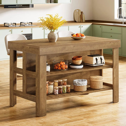 Transform Your Kitchen with the Tribesigns Light Brown Kitchen Island – Stylish 3-Shelf Design, 55 Inches Wide, Effortless Assembly!