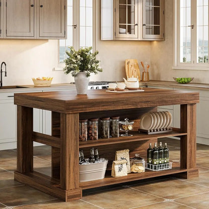 Transform Your Kitchen with the Tribesigns Light Brown Kitchen Island – Stylish 3-Shelf Design, 55 Inches Wide, Effortless Assembly!