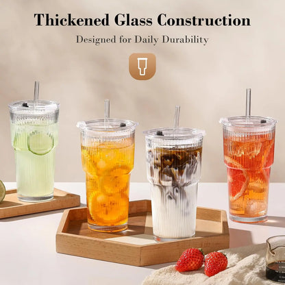 19Oz Ribbed Glass Tumblers 4-Pack with Lids & Straws | Thickened Leak-Proof Cups for Iced Coffee, Iced Drinks, Travel & Daily Use