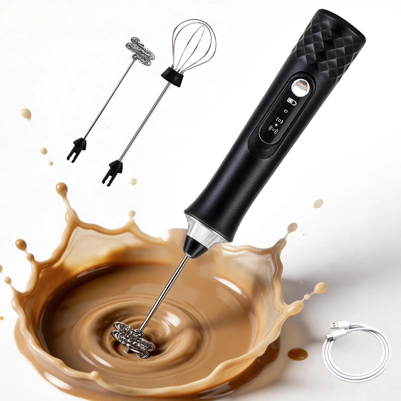 Kallodear Rechargeable Milk Frother,Milk Frother Handheld with 2 Heads 3 Speeds,Coffee Mixer,Electric Milk Bubbler,Detachable Stainless Steel Whisk for Cappuccino,Matcha,Juice,Latte,,Egg (Black)