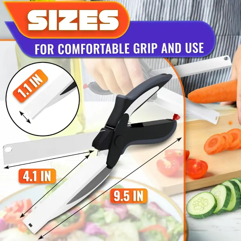 Versatile 2-in-1 Kitchen Scissors with Stainless Steel Blades – Perfect for Cutting Tomatoes, Fruits, Vegetables, Meat, and Cheese | Includes Safety Lock and Plastic Cutting Board