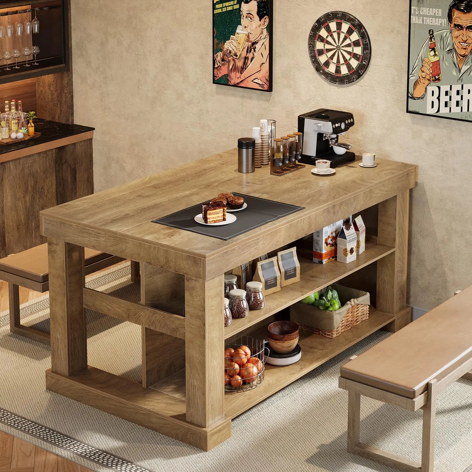 Transform Your Kitchen with the Tribesigns Light Brown Kitchen Island – Stylish 3-Shelf Design, 55 Inches Wide, Effortless Assembly!