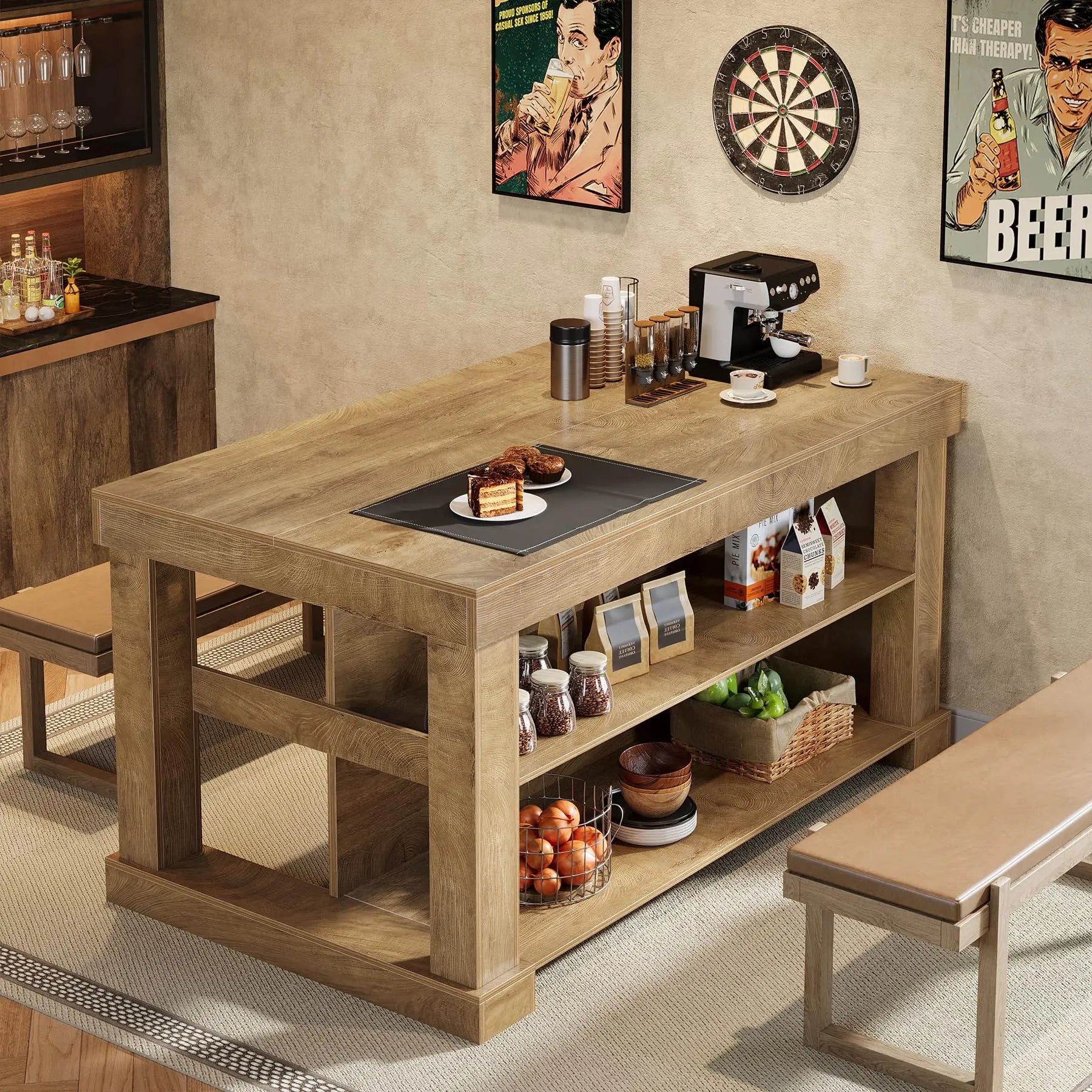 Transform Your Kitchen with the Tribesigns Light Brown Kitchen Island – Stylish 3-Shelf Design, 55 Inches Wide, Effortless Assembly!