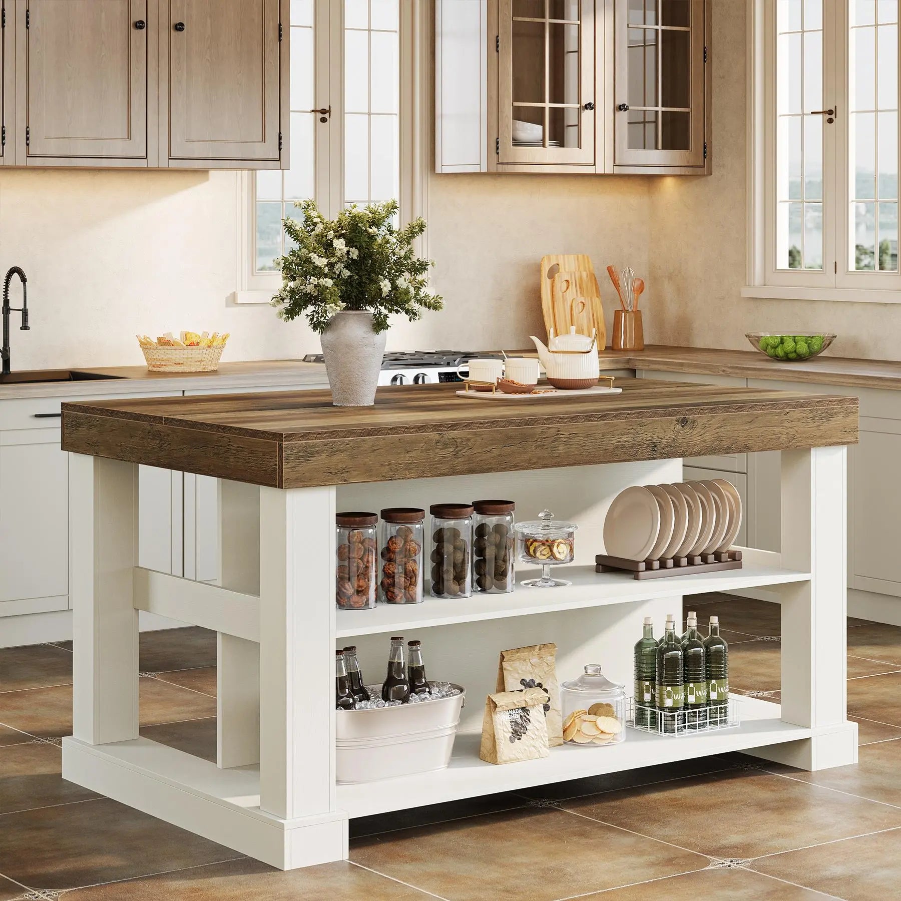 Transform Your Kitchen with the Tribesigns Light Brown Kitchen Island – Stylish 3-Shelf Design, 55 Inches Wide, Effortless Assembly!