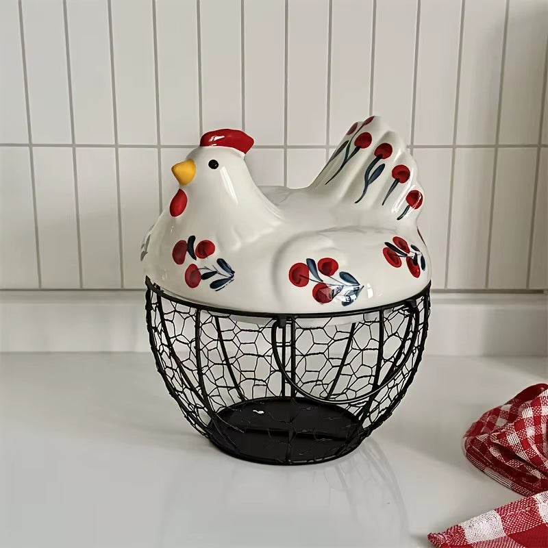 Ceramic Hen-Shaped Egg Basket with Lid - Rustic Kitchen Organizer for Fruits and Vegetables