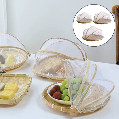 Handcrafted Bamboo Woven Round Basket with Mosquito-Proof Net for Fruits, Vegetables, and Breads
