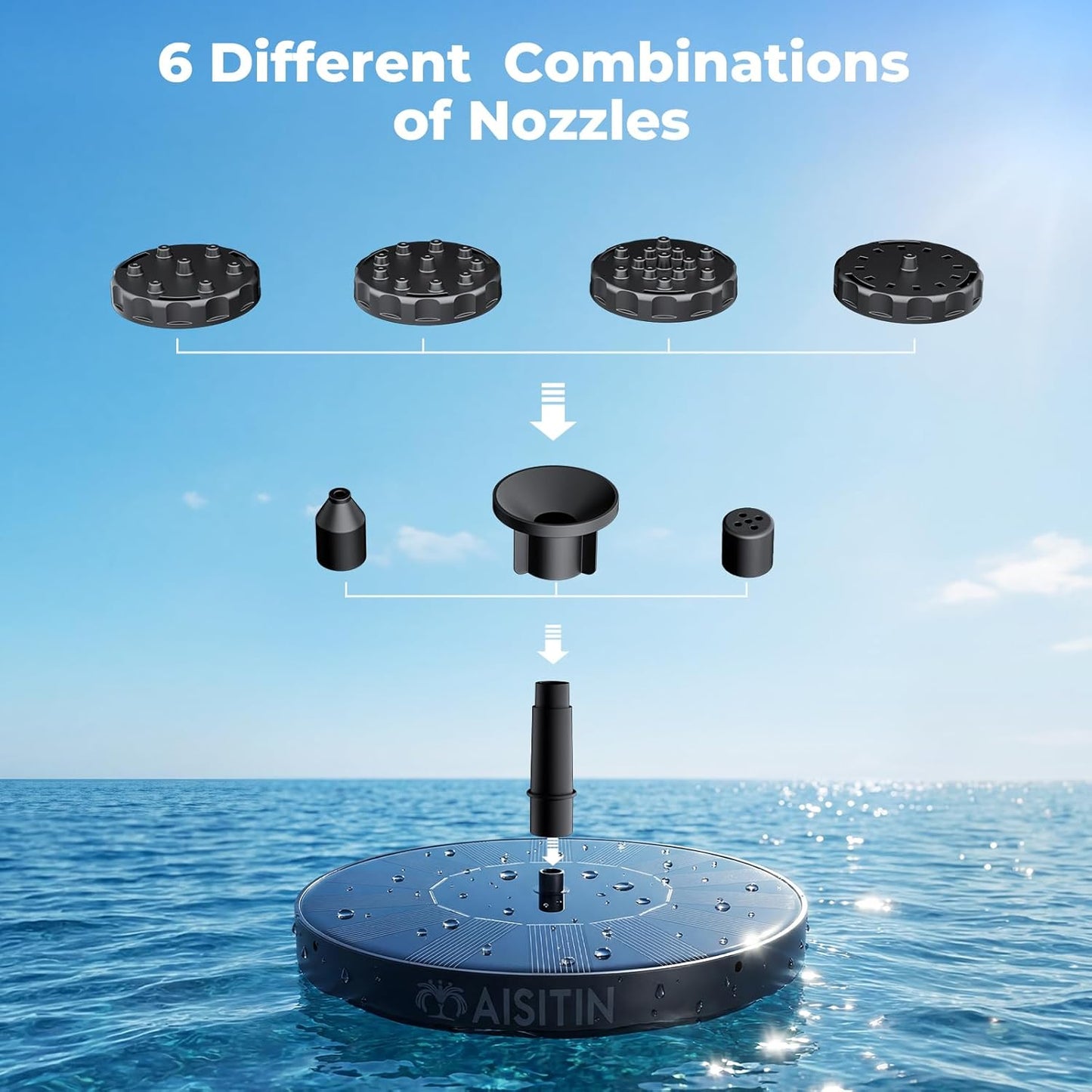 Transform Your Outdoor Space with the Solar Bird Bath Fountain - 6 Nozzles for Custom Water Effects, Perfect for Ponds, Pools, and Gardens