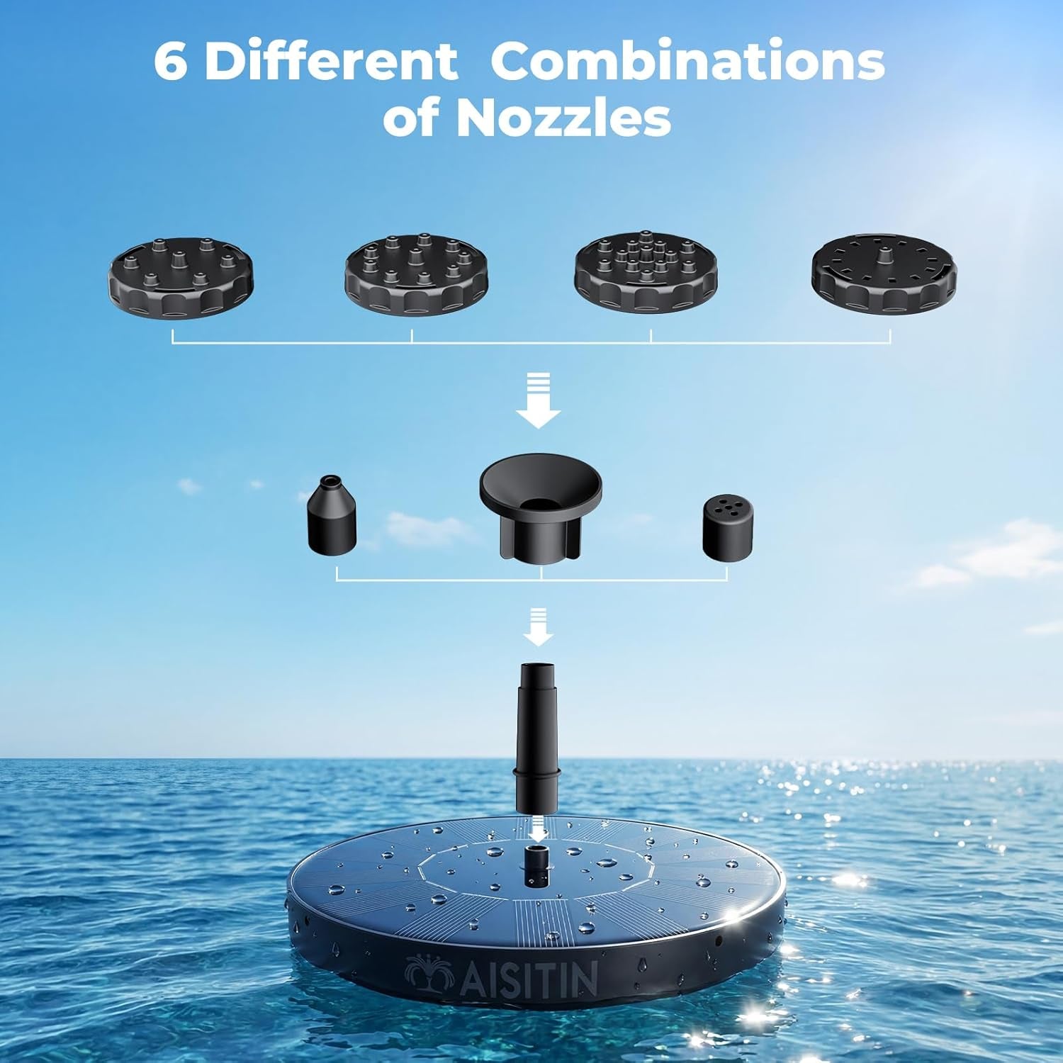 Transform Your Outdoor Space with the Solar Bird Bath Fountain - 6 Nozzles for Custom Water Effects, Perfect for Ponds, Pools, and Gardens