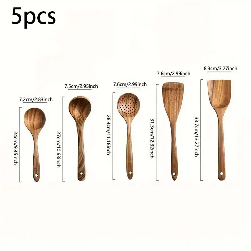 5Piece Premium Wood Kitchenware Set with Ergonomic Handles Purely Natural Eco-Friendly Material- Includes Spoon, Tablespoon and Sauté Spatula, Heat-Resistant, Easy-To-Clean, Durable Cooking Tools for Non-Stick Pans Utensils Wooden Cookware Stirring