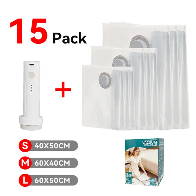 【2026 Upgraded】Cordless Travel Vacuum Storage Compression Bag Set with Rechargeable Air Pump 9/15 Pack Waterproof & Reusable Compression Packing Bags for 3 Size,140L/Min Powerful Air Removal，Perfect for Carry-On Suitcases
