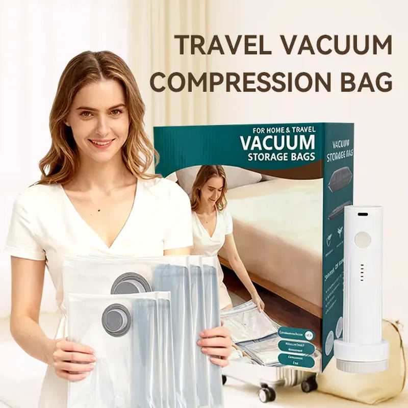 【2026 Upgraded】Cordless Travel Vacuum Storage Compression Bag Set with Rechargeable Air Pump 9/15 Pack Waterproof & Reusable Compression Packing Bags for 3 Size,140L/Min Powerful Air Removal，Perfect for Carry-On Suitcases