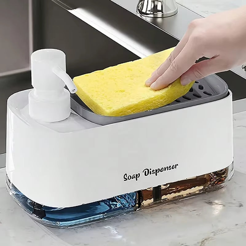 Dual Soap Dispenser with Sponge Holder - Manual Press Soap Box for Hand and Dish Soap at Kitchen Sink