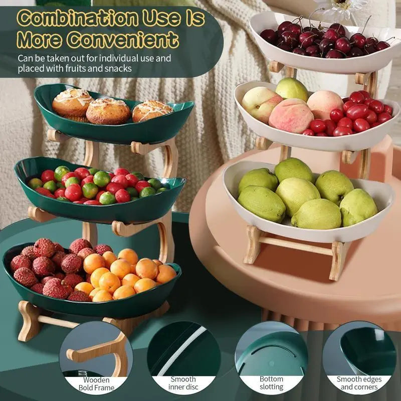 2/3 Tier Fruit Basket, 1 Count Large Capacity Tiered Fruit Basket Stand, Bamboo Fruit Basket Fruit Tray Snack Nuts Bread Candy Organizer Storage Rack, Dessert Table Stand