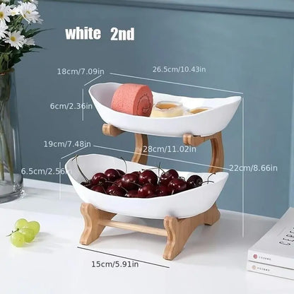 2/3 Tier Fruit Basket, 1 Count Large Capacity Tiered Fruit Basket Stand, Bamboo Fruit Basket Fruit Tray Snack Nuts Bread Candy Organizer Storage Rack, Dessert Table Stand