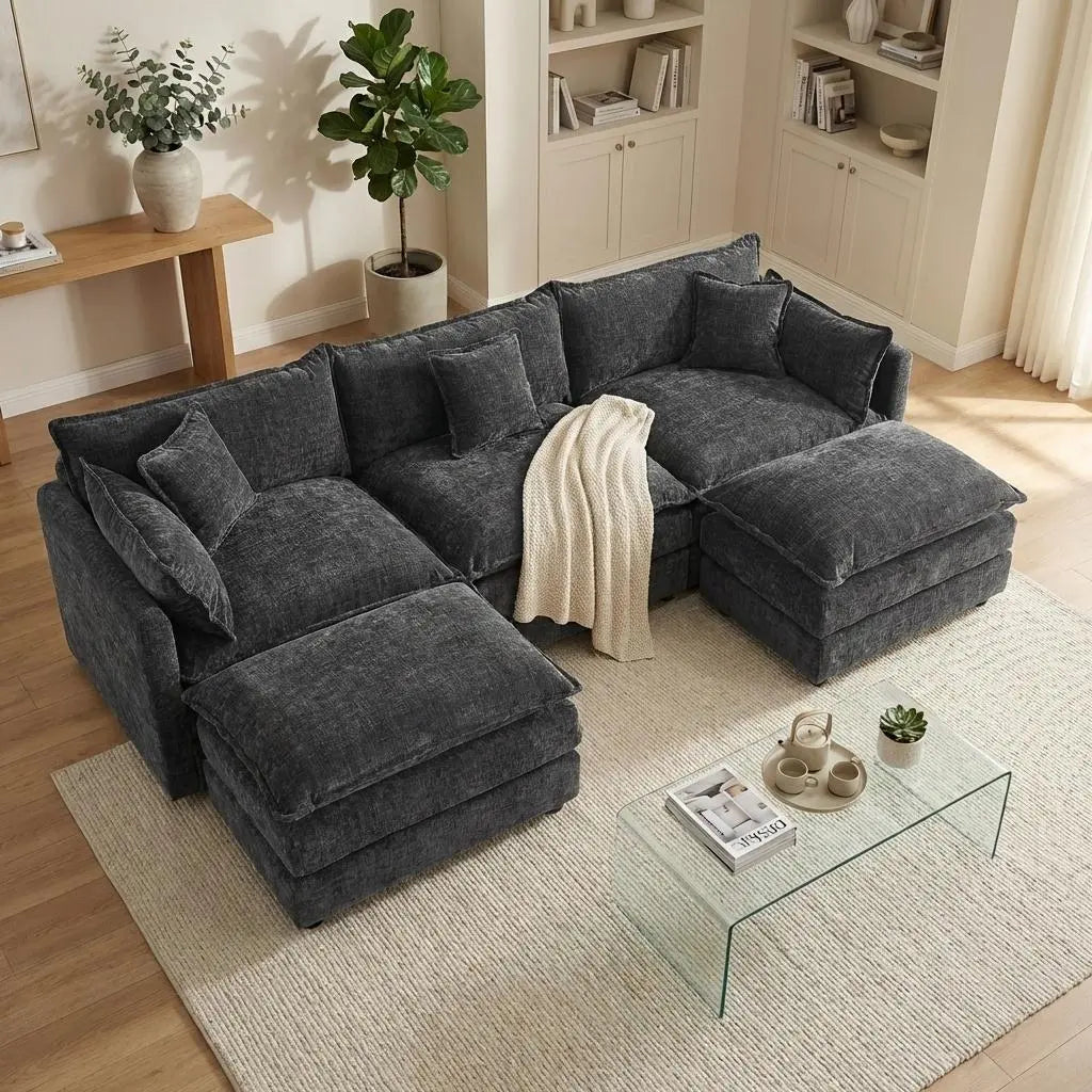 Experience Ultimate Comfort with the HIPIHOM Modern U-Shaped Cloud Sofa: A 3-Seater Modular Sectional Featuring 2 Movable Ottomans in Luxurious Chenille Fabric for a Stylish and Versatile Living Room