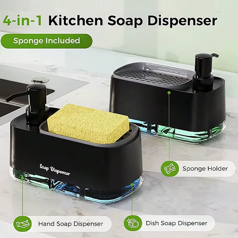 Dual Soap Dispenser with Sponge Holder - Manual Press Soap Box for Hand and Dish Soap at Kitchen Sink