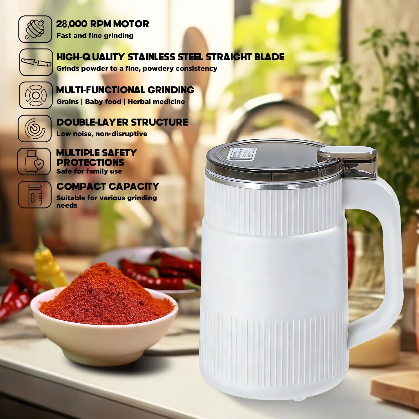 Electric Coffee Grinder & Spice Grinder, Using Stainless Steel Blades for Rapid Grinding, Capacity 500 Milliliters, 200 Watts, | Suitable for Coffee Beans, Nuts, Seeds | Dry Food Grinder | Multi-Purpose Small Kitchen Grinder with Handle