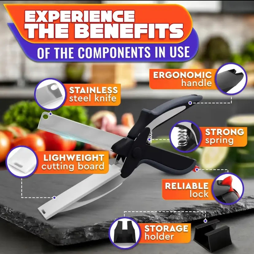 Versatile 2-in-1 Kitchen Scissors with Stainless Steel Blades – Perfect for Cutting Tomatoes, Fruits, Vegetables, Meat, and Cheese | Includes Safety Lock and Plastic Cutting Board