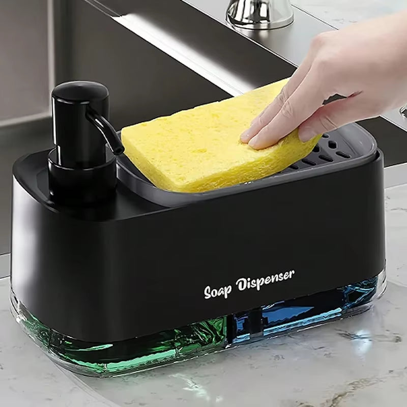 Dual Soap Dispenser with Sponge Holder - Manual Press Soap Box for Hand and Dish Soap at Kitchen Sink