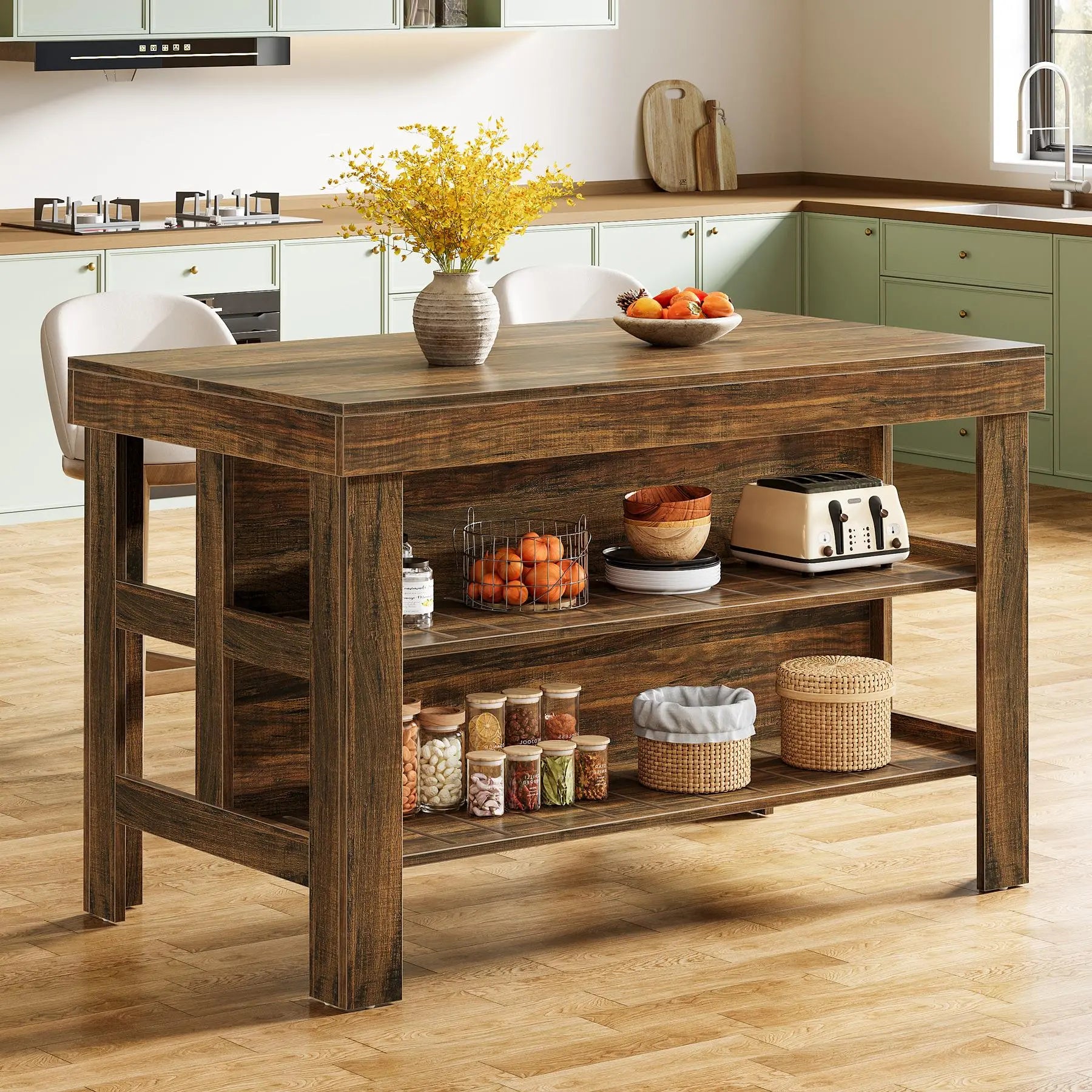 Transform Your Kitchen with the Tribesigns Light Brown Kitchen Island – Stylish 3-Shelf Design, 55 Inches Wide, Effortless Assembly!