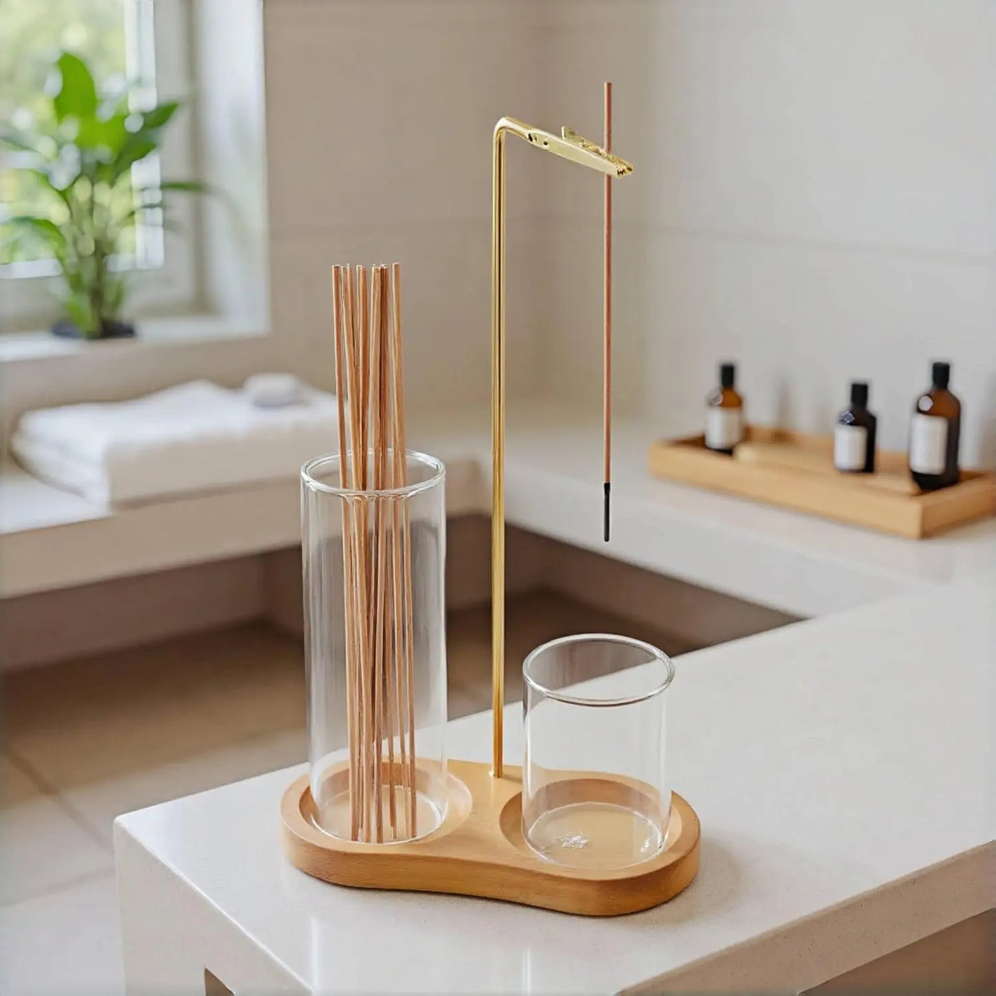 2 in 1 Incense & Candle Holder, 1 Count Wooden Base Aromatherapy Diffuser Incense Burner with Removable Glass Ash Collector, Woody Home Decor Ornament for Living Room Bedroom, Funny Gift, Scented, Aroma, Fragrance Perfume