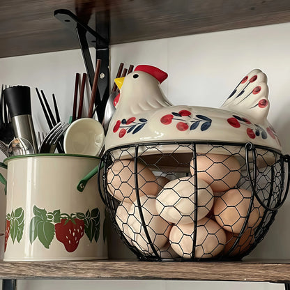Ceramic Hen-Shaped Egg Basket with Lid - Rustic Kitchen Organizer for Fruits and Vegetables