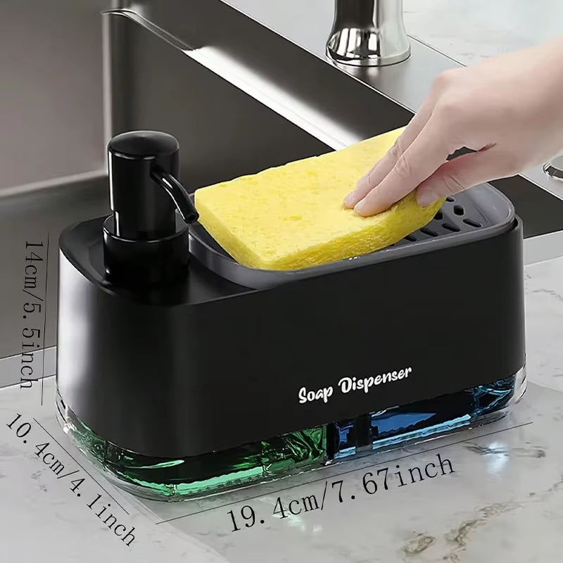 Dual Soap Dispenser with Sponge Holder - Manual Press Soap Box for Hand and Dish Soap at Kitchen Sink
