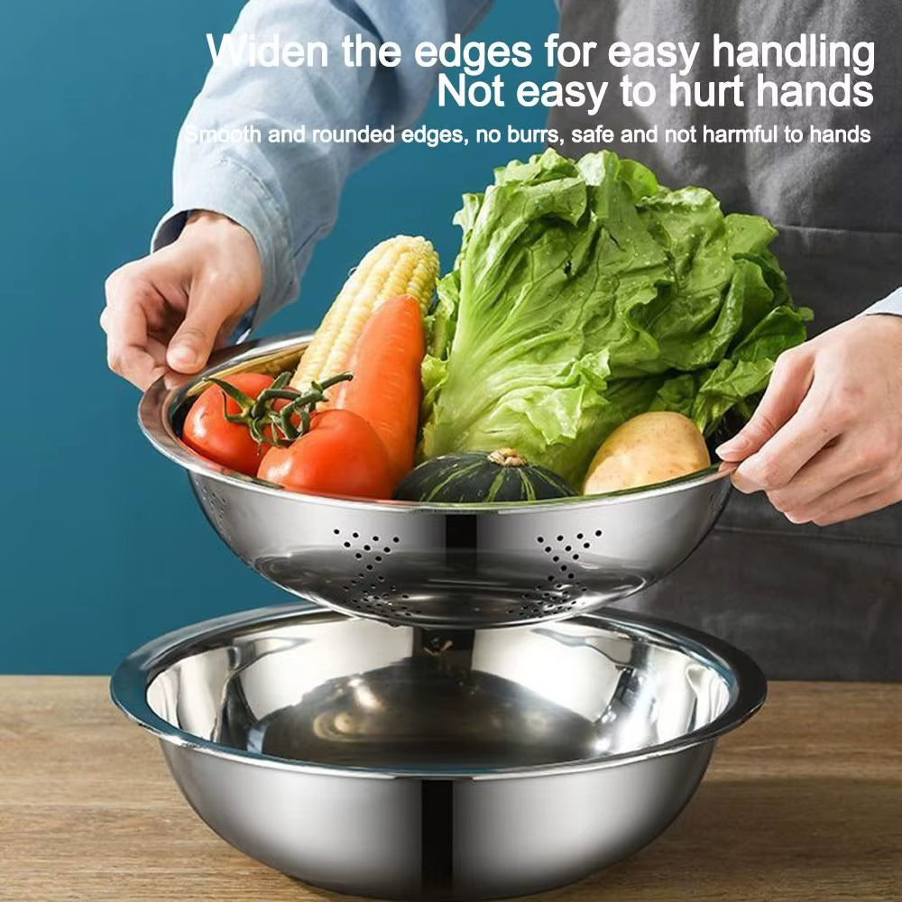 3-Piece Set 3-in-1 Multi-Functional Drain and Wash Basin with Strainer, Large Capacity Vegetable and Rice Washing Bowl with Grater Cover