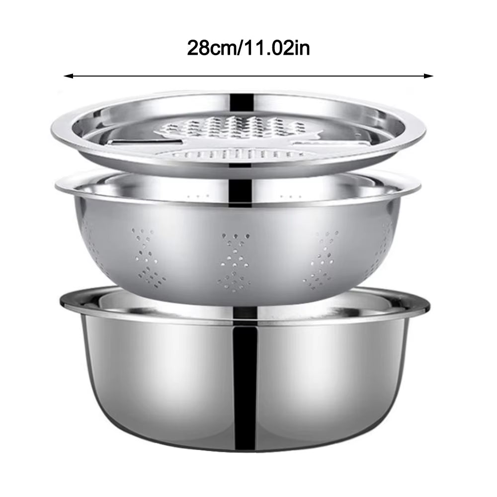 3-Piece Set 3-in-1 Multi-Functional Drain and Wash Basin with Strainer, Large Capacity Vegetable and Rice Washing Bowl with Grater Cover