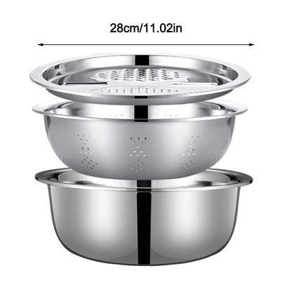 3-Piece Set 3-in-1 Multi-Functional Drain and Wash Basin with Strainer, Large Capacity Vegetable and Rice Washing Bowl with Grater Cover
