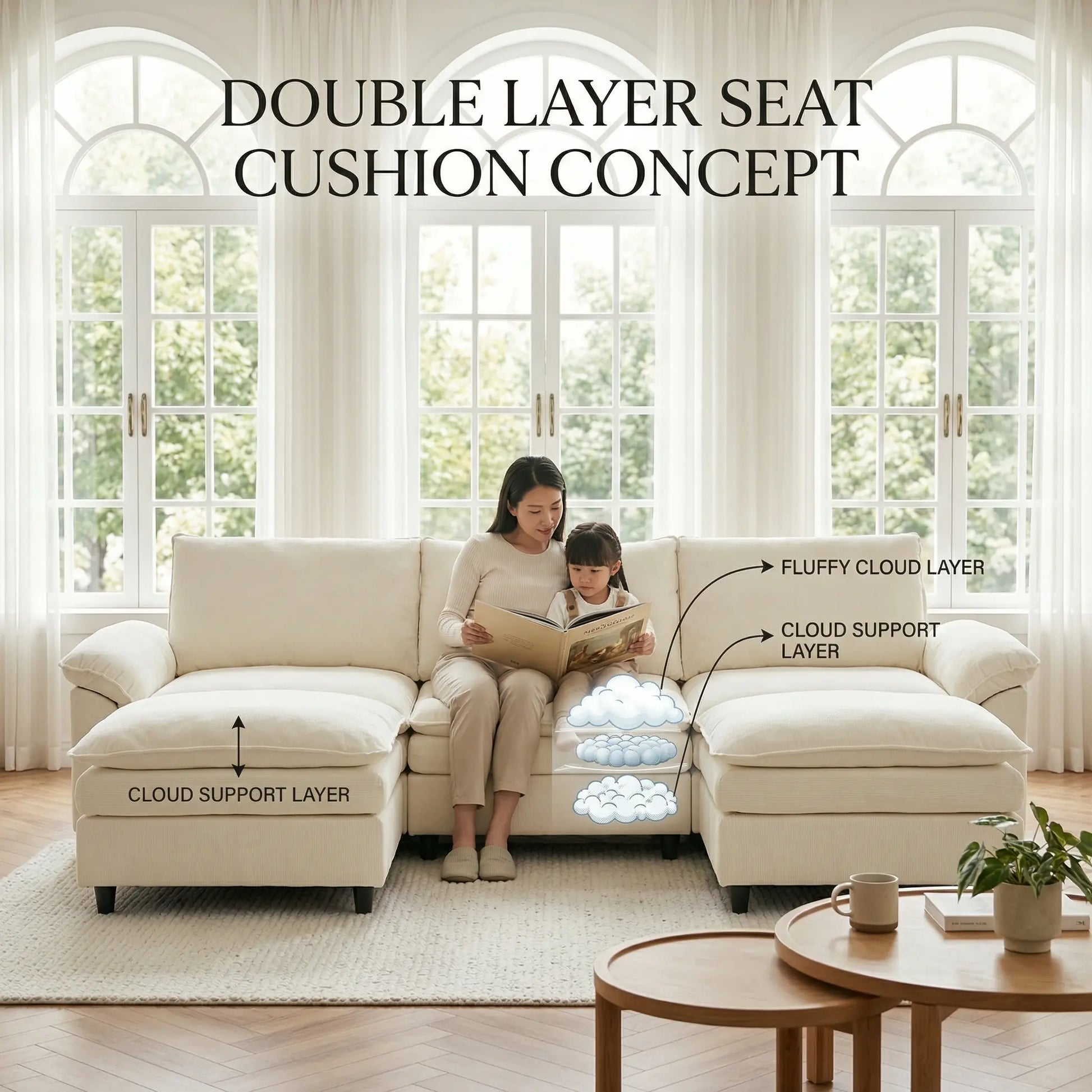 Experience Ultimate Comfort with the HIPIHOM Modern U-Shaped Cloud Sofa: A 3-Seater Modular Sectional Featuring 2 Movable Ottomans in Luxurious Chenille Fabric for a Stylish and Versatile Living Room