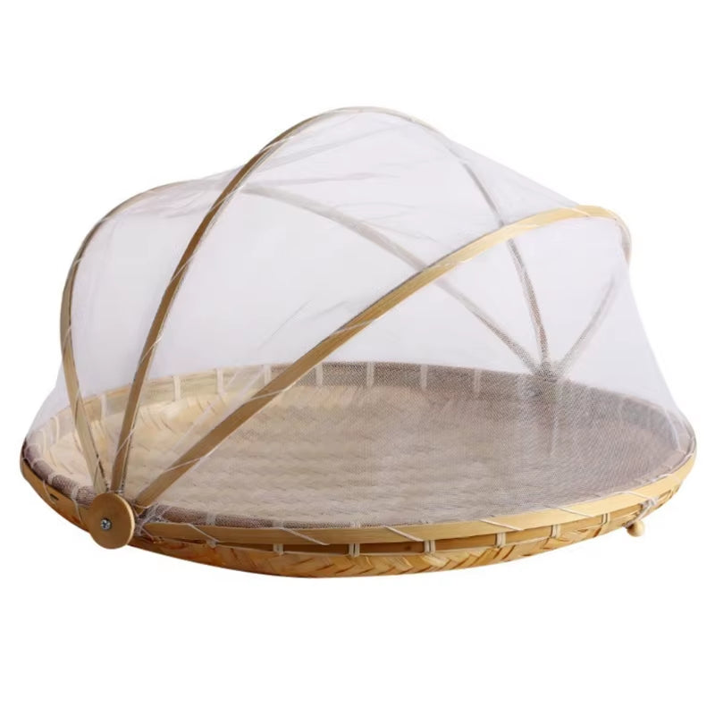 Handcrafted Bamboo Woven Round Basket with Mosquito-Proof Net for Fruits, Vegetables, and Breads