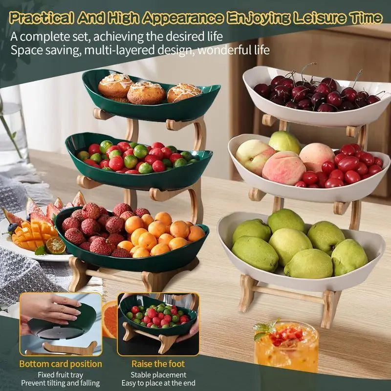 2/3 Tier Fruit Basket, 1 Count Large Capacity Tiered Fruit Basket Stand, Bamboo Fruit Basket Fruit Tray Snack Nuts Bread Candy Organizer Storage Rack, Dessert Table Stand
