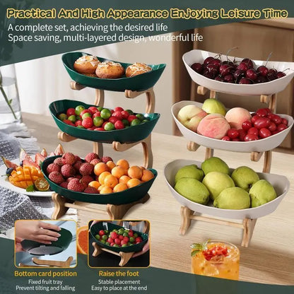 2/3 Tier Fruit Basket, 1 Count Large Capacity Tiered Fruit Basket Stand, Bamboo Fruit Basket Fruit Tray Snack Nuts Bread Candy Organizer Storage Rack, Dessert Table Stand