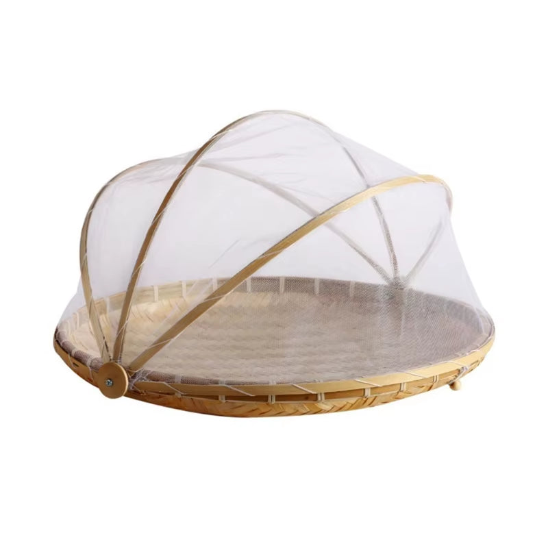 Handcrafted Bamboo Woven Round Basket with Mosquito-Proof Net for Fruits, Vegetables, and Breads
