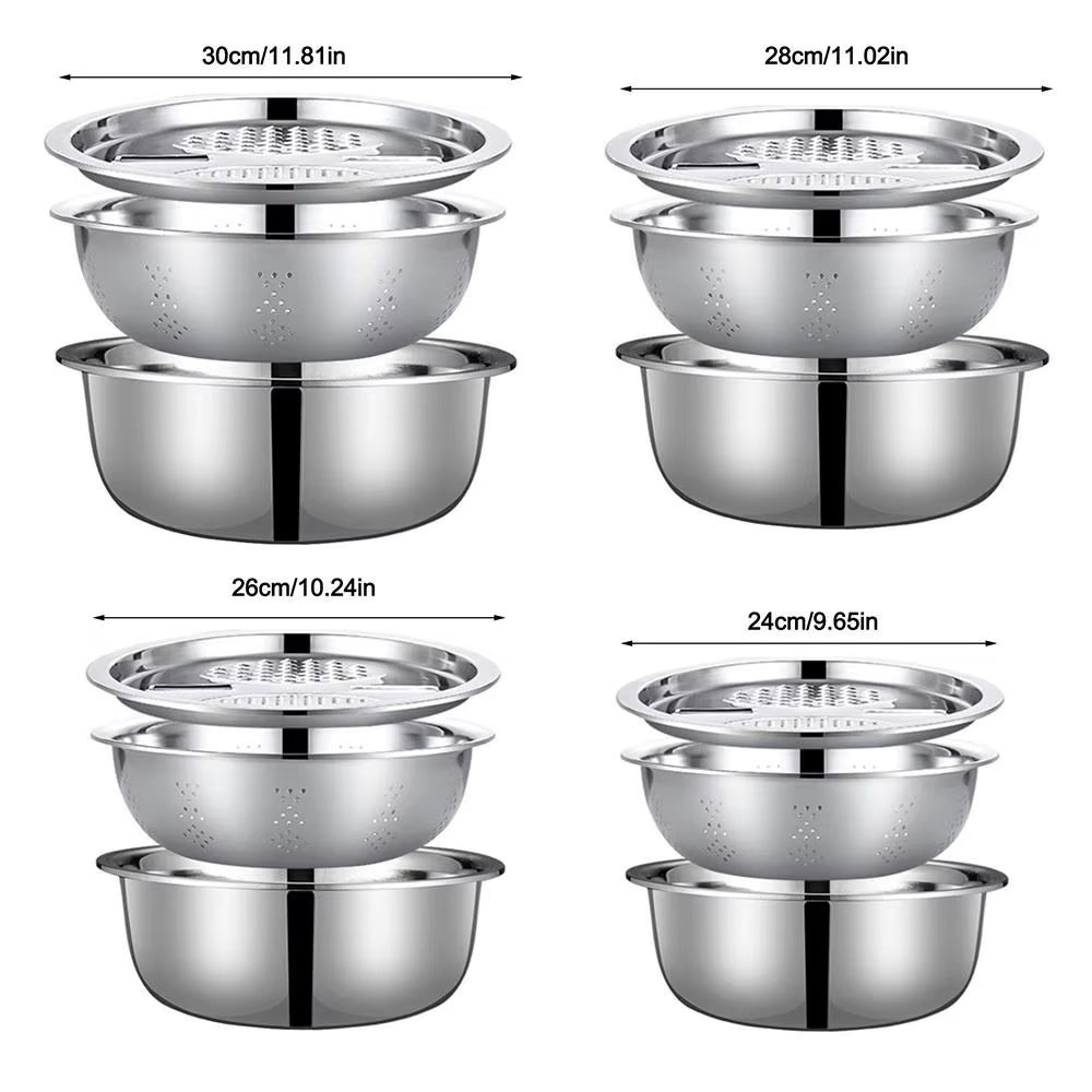 3-Piece Set 3-in-1 Multi-Functional Drain and Wash Basin with Strainer, Large Capacity Vegetable and Rice Washing Bowl with Grater Cover