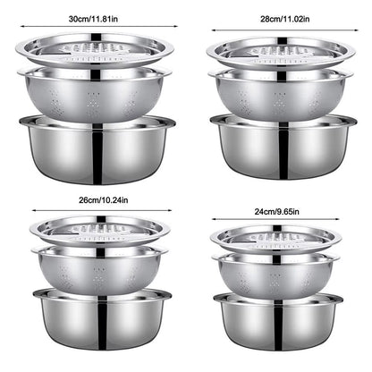 3-Piece Set 3-in-1 Multi-Functional Drain and Wash Basin with Strainer, Large Capacity Vegetable and Rice Washing Bowl with Grater Cover