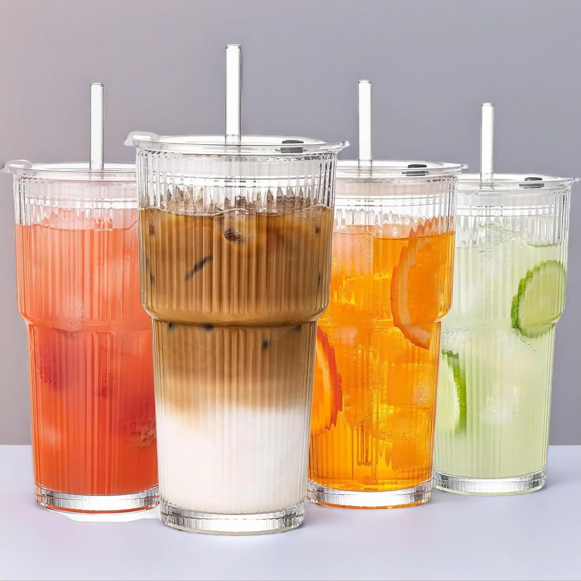19Oz Ribbed Glass Tumblers 4-Pack with Lids & Straws | Thickened Leak-Proof Cups for Iced Coffee, Iced Drinks, Travel & Daily Use