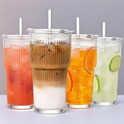 19Oz Ribbed Glass Tumblers 4-Pack with Lids & Straws | Thickened Leak-Proof Cups for Iced Coffee, Iced Drinks, Travel & Daily Use