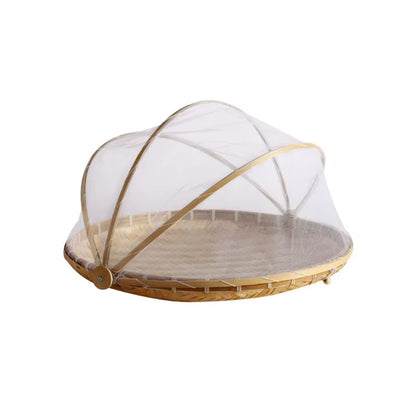 Handcrafted Bamboo Woven Round Basket with Mosquito-Proof Net for Fruits, Vegetables, and Breads