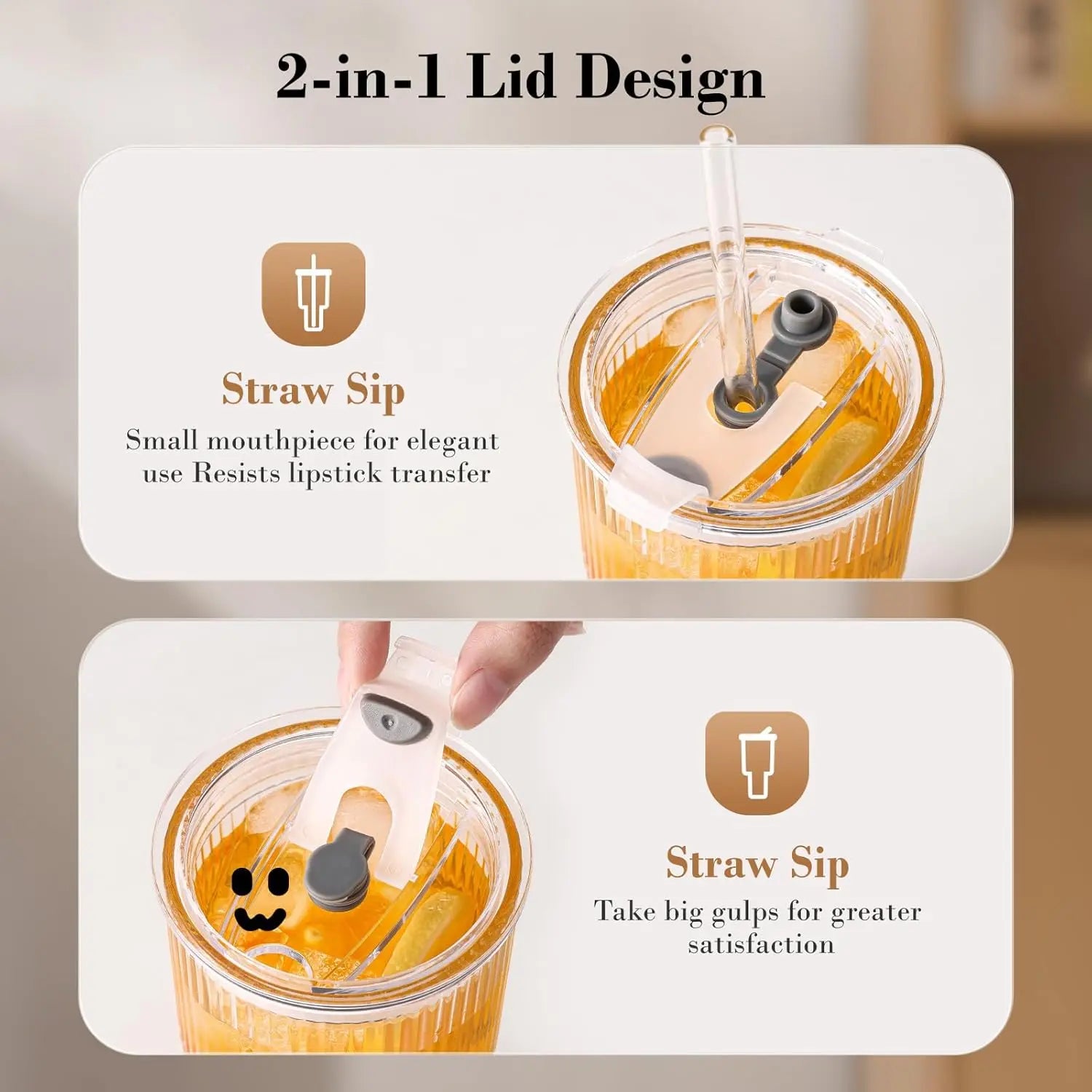 19Oz Ribbed Glass Tumblers 4-Pack with Lids & Straws | Thickened Leak-Proof Cups for Iced Coffee, Iced Drinks, Travel & Daily Use